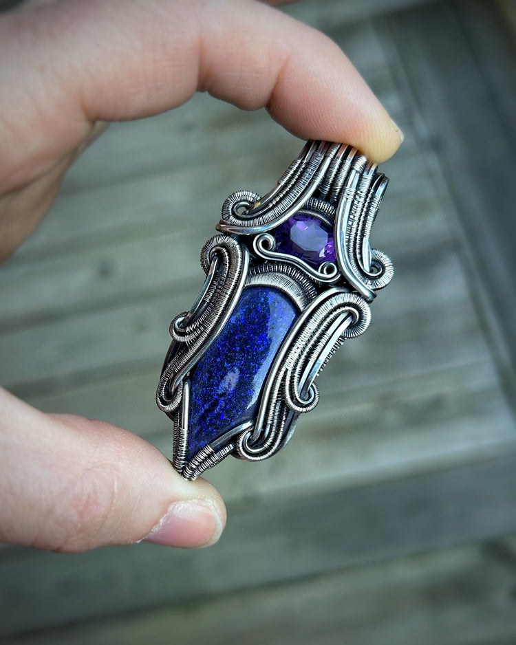 Purple Symmetrical Pendant // Amethyst // Australian Opal // Regal // Wire Wrap // Festival Jewelry // Handmade Wire Art // One of a Kind