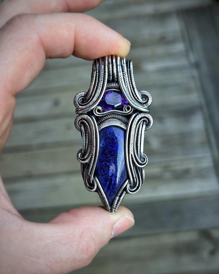 Purple Symmetrical Pendant // Amethyst // Australian Opal // Regal // Wire Wrap // Festival Jewelry // Handmade Wire Art // One of a Kind