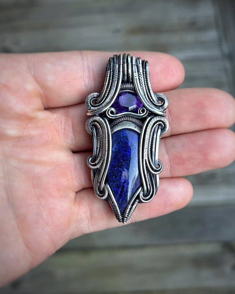 Purple Symmetrical Pendant // Amethyst // Australian Opal // Regal // Wire Wrap // Festival Jewelry // Handmade Wire Art // One of a Kind