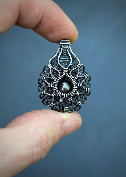 Symmetrical Pearl Pendant // Wire Wrapped // Oxidized/Polished Silver // Tahitian Black Pearl // Festival Jewelry // Sacred Geometry