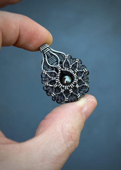 Symmetrical Pearl Pendant // Wire Wrapped // Oxidized/Polished Silver // Tahitian Black Pearl // Festival Jewelry // Sacred Geometry