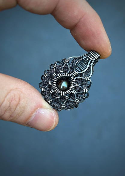 Symmetrical Pearl Pendant // Wire Wrapped // Oxidized/Polished Silver // Tahitian Black Pearl // Festival Jewelry // Sacred Geometry