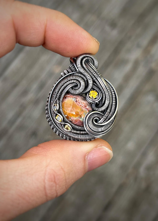 Yellow Monochromatic Pendant // Mexican Fire Opal // Wire Wrap // Festival Jewelry // October Birthstone // One of a Kind // Citrine