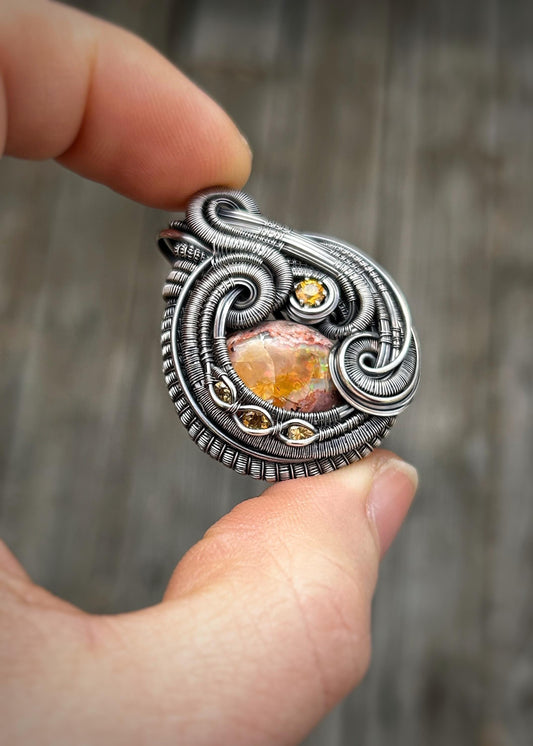 Yellow Monochromatic Pendant // Mexican Fire Opal // Wire Wrap // Festival Jewelry // October Birthstone // One of a Kind // Citrine