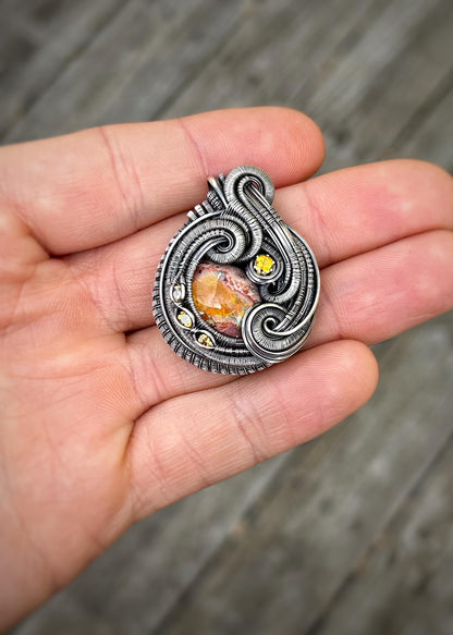 Yellow Monochromatic Pendant // Mexican Fire Opal // Wire Wrap // Festival Jewelry // October Birthstone // One of a Kind // Citrine