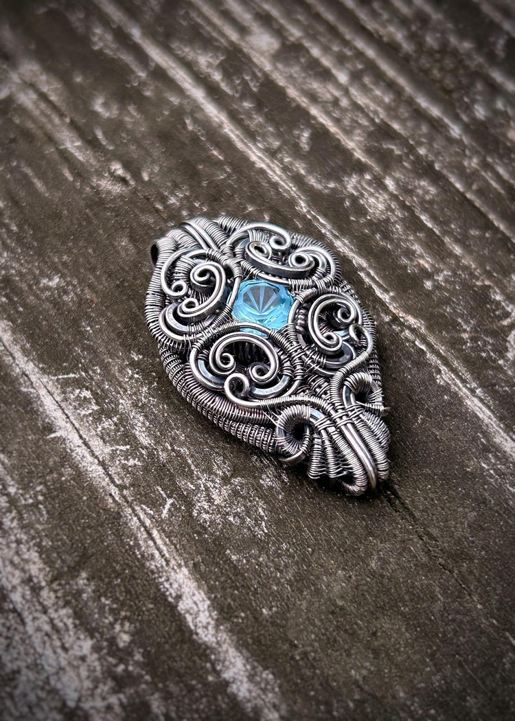 Winter Ice // Blue Topaz // Symmetrical Pendant // Filigree // Ornate Wire Work // Oxidized Sterling Silver // Festival Jewelry