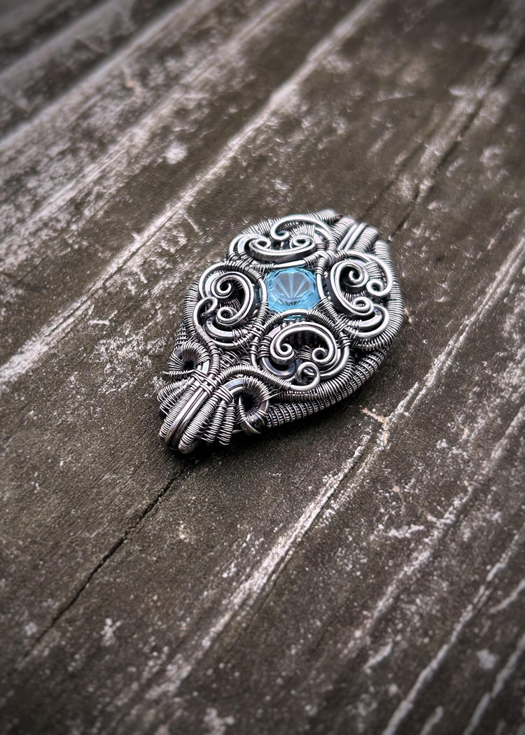 Winter Ice // Blue Topaz // Symmetrical Pendant // Filigree // Ornate Wire Work // Oxidized Sterling Silver // Festival Jewelry