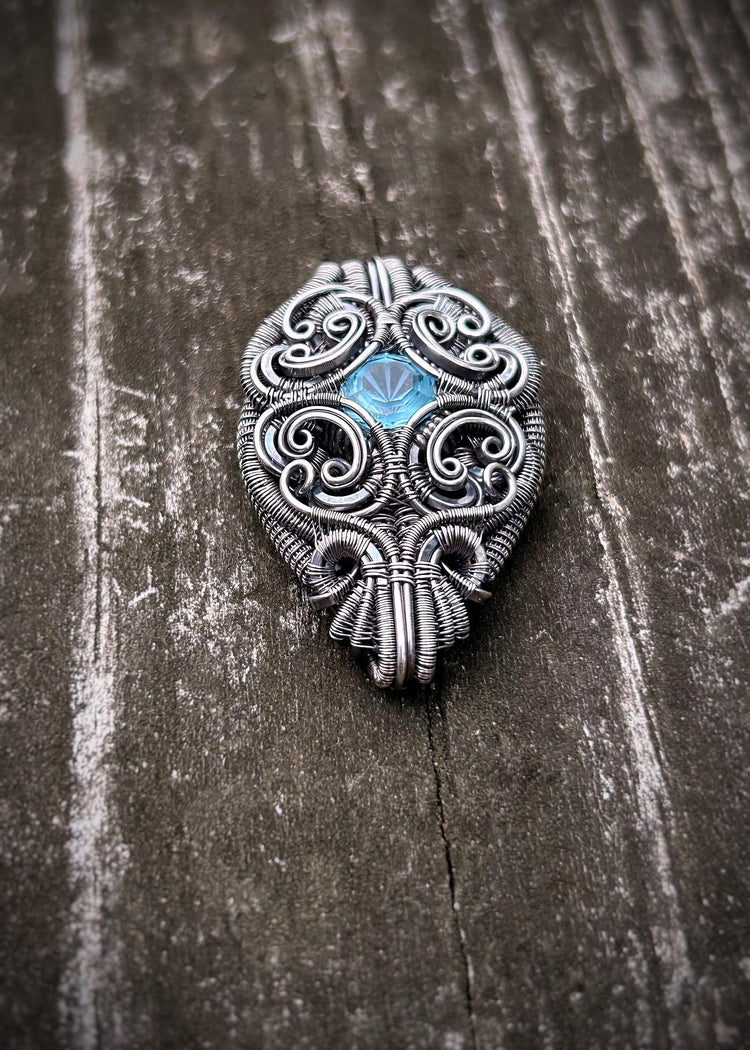 Winter Ice // Blue Topaz // Symmetrical Pendant // Filigree // Ornate Wire Work // Oxidized Sterling Silver // Festival Jewelry