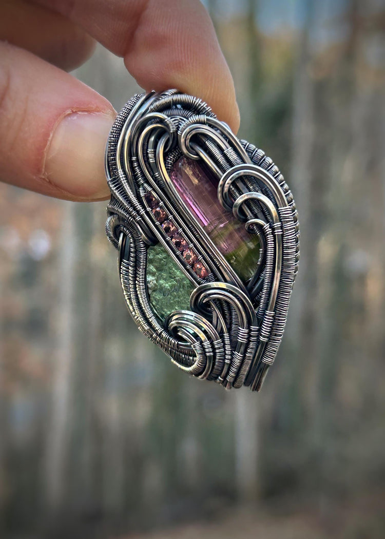 Bicolor Brazilian Tourmaline // Moldavite // Spinel Color Gradient // Oxidized Sterling Silver // Organic Wire Flow // Handmade Wire Art