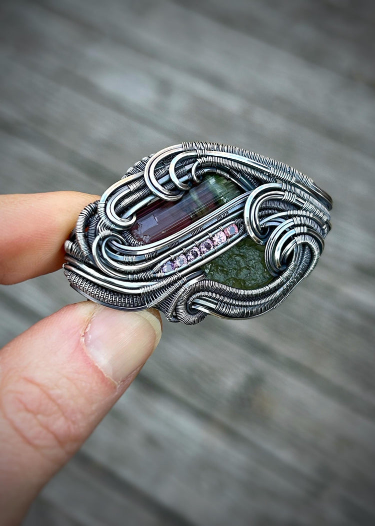 Bicolor Brazilian Tourmaline // Moldavite // Spinel Color Gradient // Oxidized Sterling Silver // Organic Wire Flow // Handmade Wire Art