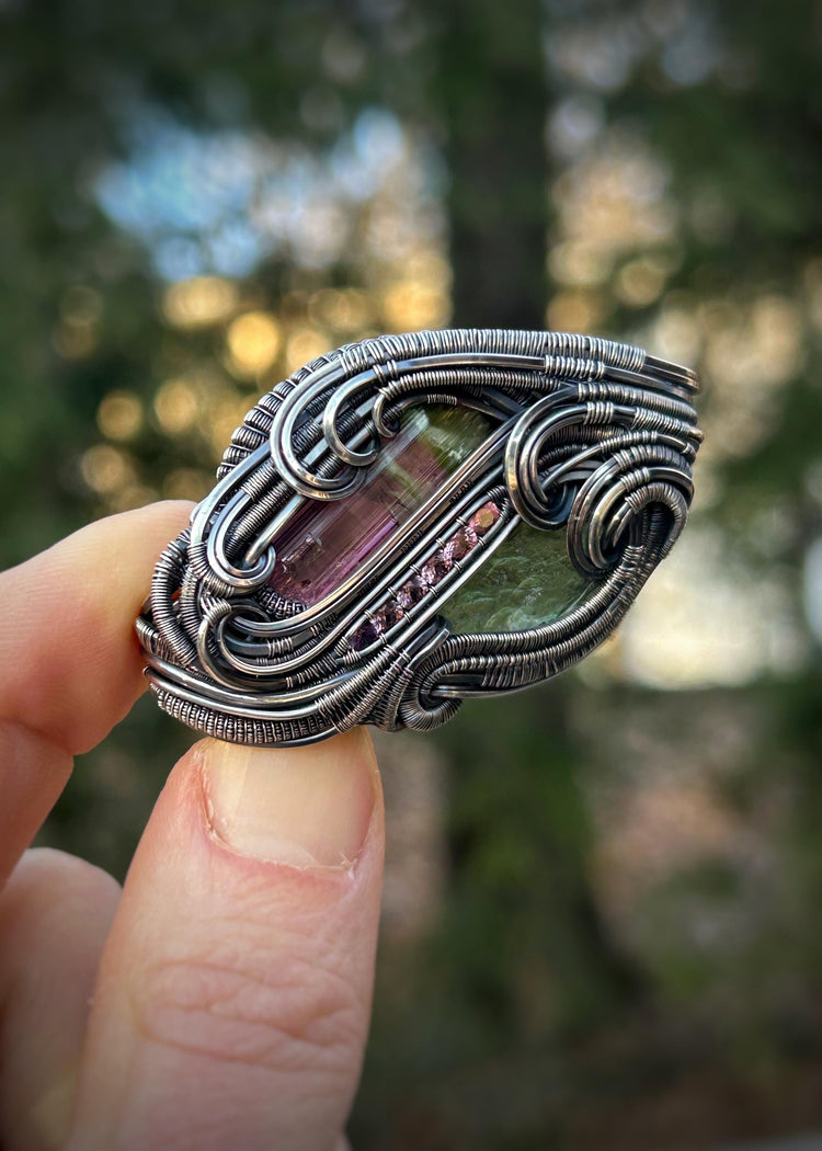 Bicolor Brazilian Tourmaline // Moldavite // Spinel Color Gradient // Oxidized Sterling Silver // Organic Wire Flow // Handmade Wire Art