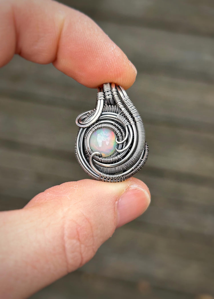 Mini Opal Pendant // Ethiopian Opal // Oxidized/Polished Sterling Silver // Circular Jewelry // Festival Art // Handmade // One of a Kind