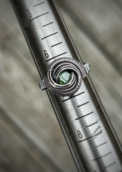 Green Garnet Crystal // Size 6.5 // Oxidized/Polished Sterling Silver // Wire Wrap // Demantoid Crystal // Comfortable // Handmade