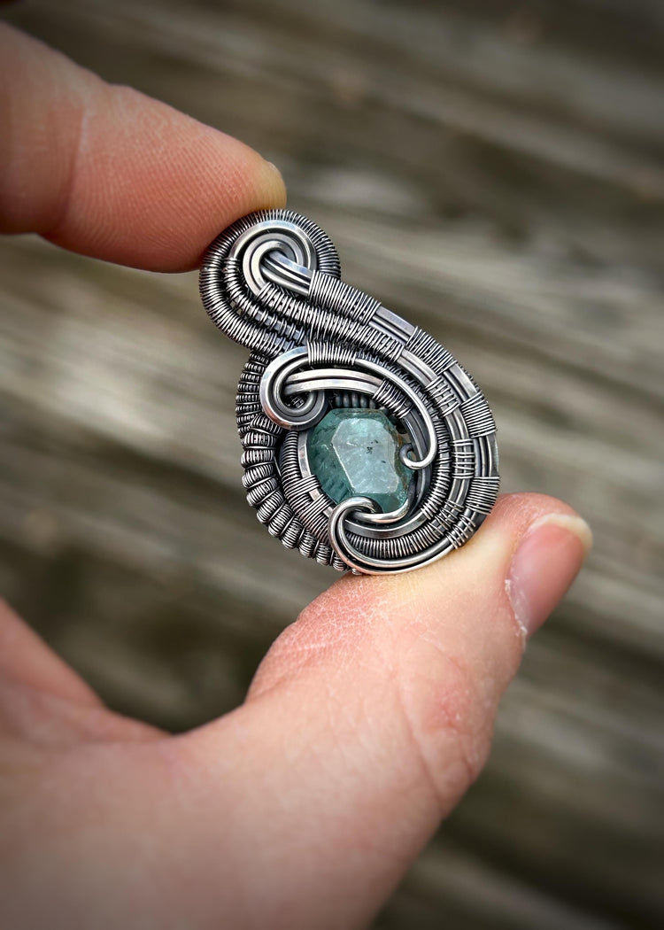 Aqua Droplet Pendant // Aquamarine // Blue Gem / Scroll // Festival Jewelry // Wire Flow // Wire Wrap // Oxidized Silver // March Birthstone