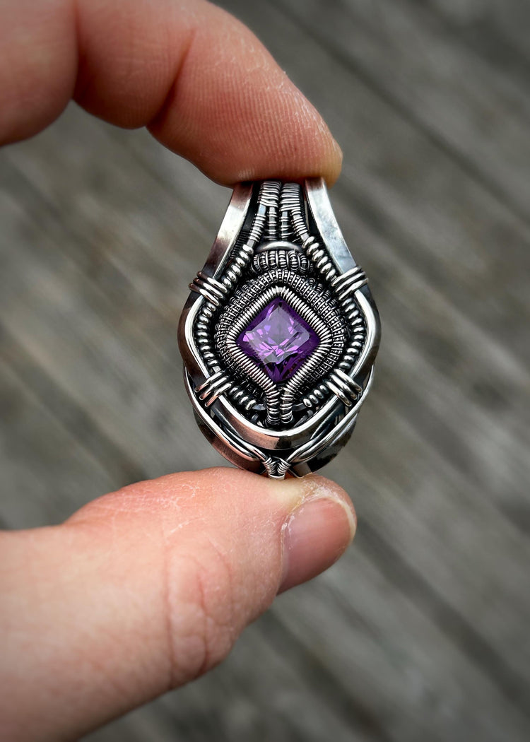 Compact Symmetrical Pendant // Amethyst // Purple // Festival Jewelry // Oxidized Silver // Handmade Wire Art // Wire Wrap // One of a Kind