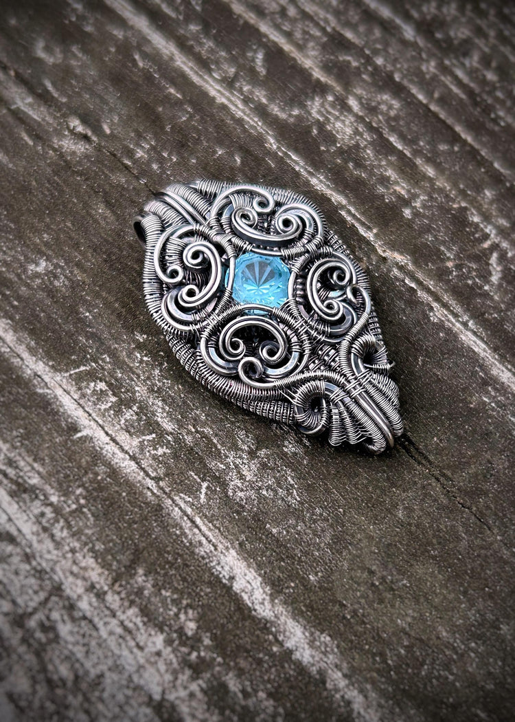 Winter Ice // Blue Topaz // Symmetrical Pendant // Filigree // Ornate Wire Work // Oxidized Sterling Silver // Festival Jewelry