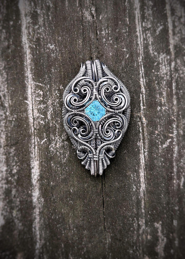 Winter Ice // Blue Topaz // Symmetrical Pendant // Filigree // Ornate Wire Work // Oxidized Sterling Silver // Festival Jewelry