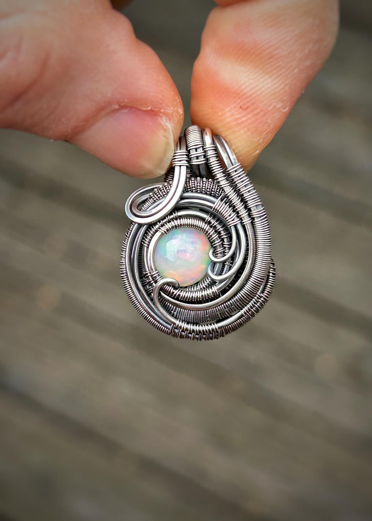 Mini Opal Pendant // Ethiopian Opal // Oxidized/Polished Sterling Silver // Circular Jewelry // Festival Art // Handmade // One of a Kind