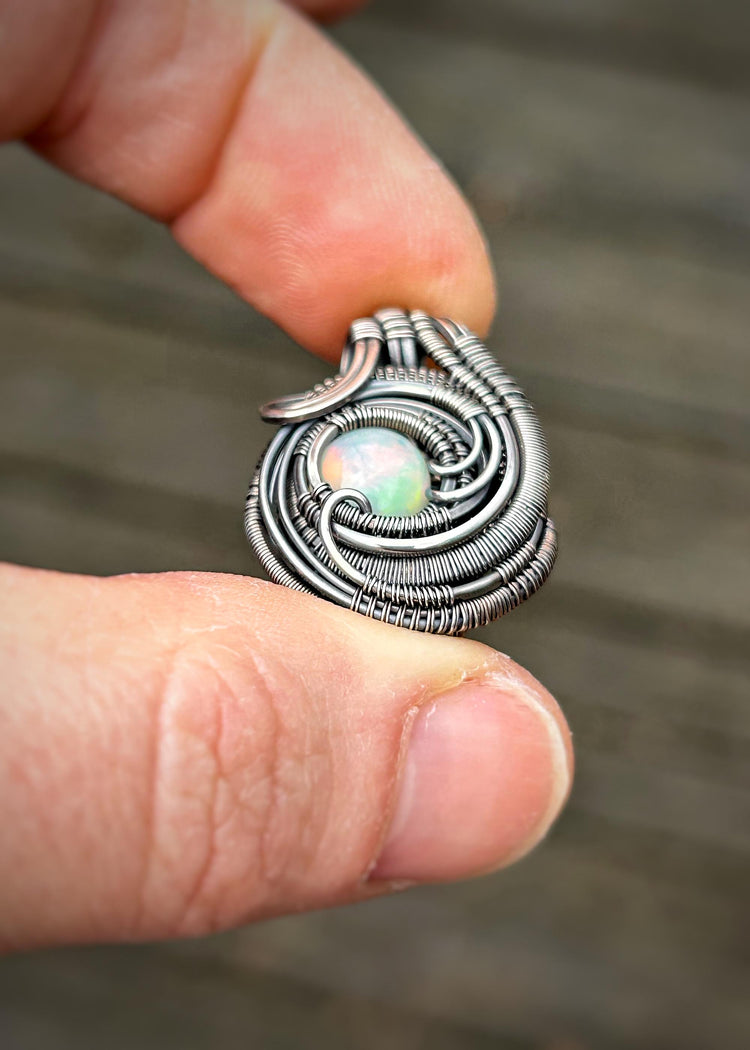 Mini Opal Pendant // Ethiopian Opal // Oxidized/Polished Sterling Silver // Circular Jewelry // Festival Art // Handmade // One of a Kind