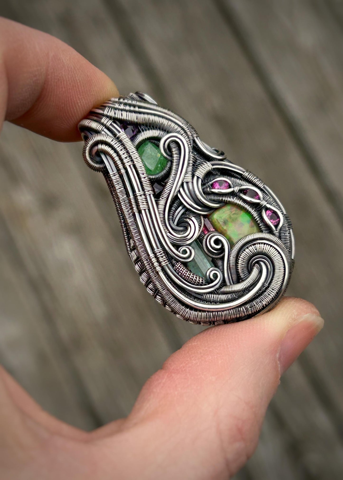 Jam Packed // Gems // Beryl // Tourmaline // Tsavorite Garnet // Australian Opal // Oxidized Sterling Silver // Organic Wire Flow // Jewelry