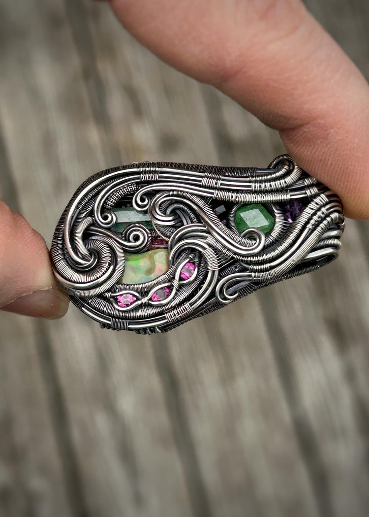 Jam Packed // Gems // Beryl // Tourmaline // Tsavorite Garnet // Australian Opal // Oxidized Sterling Silver // Organic Wire Flow // Jewelry