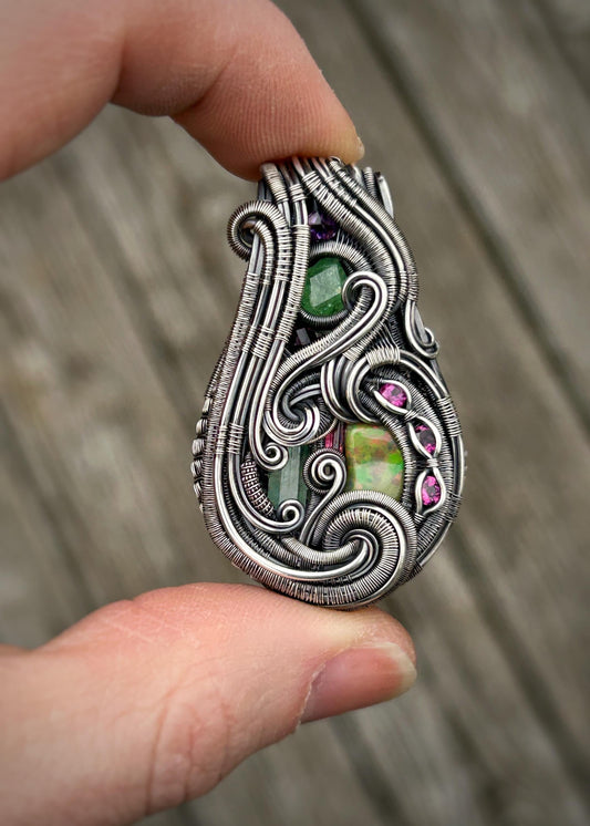 Jam Packed // Gems // Beryl // Tourmaline // Tsavorite Garnet // Australian Opal // Oxidized Sterling Silver // Organic Wire Flow // Jewelry