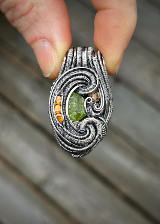 Slime Green Peridot Floater Crystal // Gemmy Hessonite Garnet // Faceted Spessertine Garnets // Wire Wrapped Pendant // Oxidized Silver