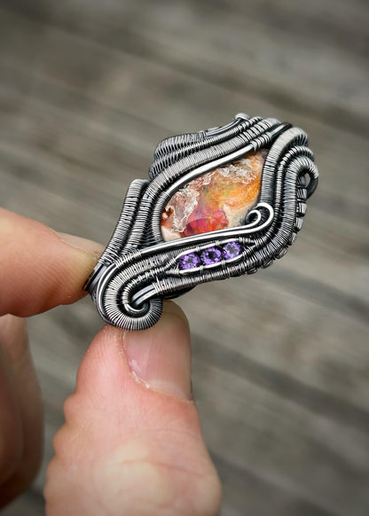 Purple Pendant // Amethyst // Mexican Fire Opal // Oxidized Silver // Wire Wrap // Festival Jewelry // Handmade Wire Art // Wire Flow
