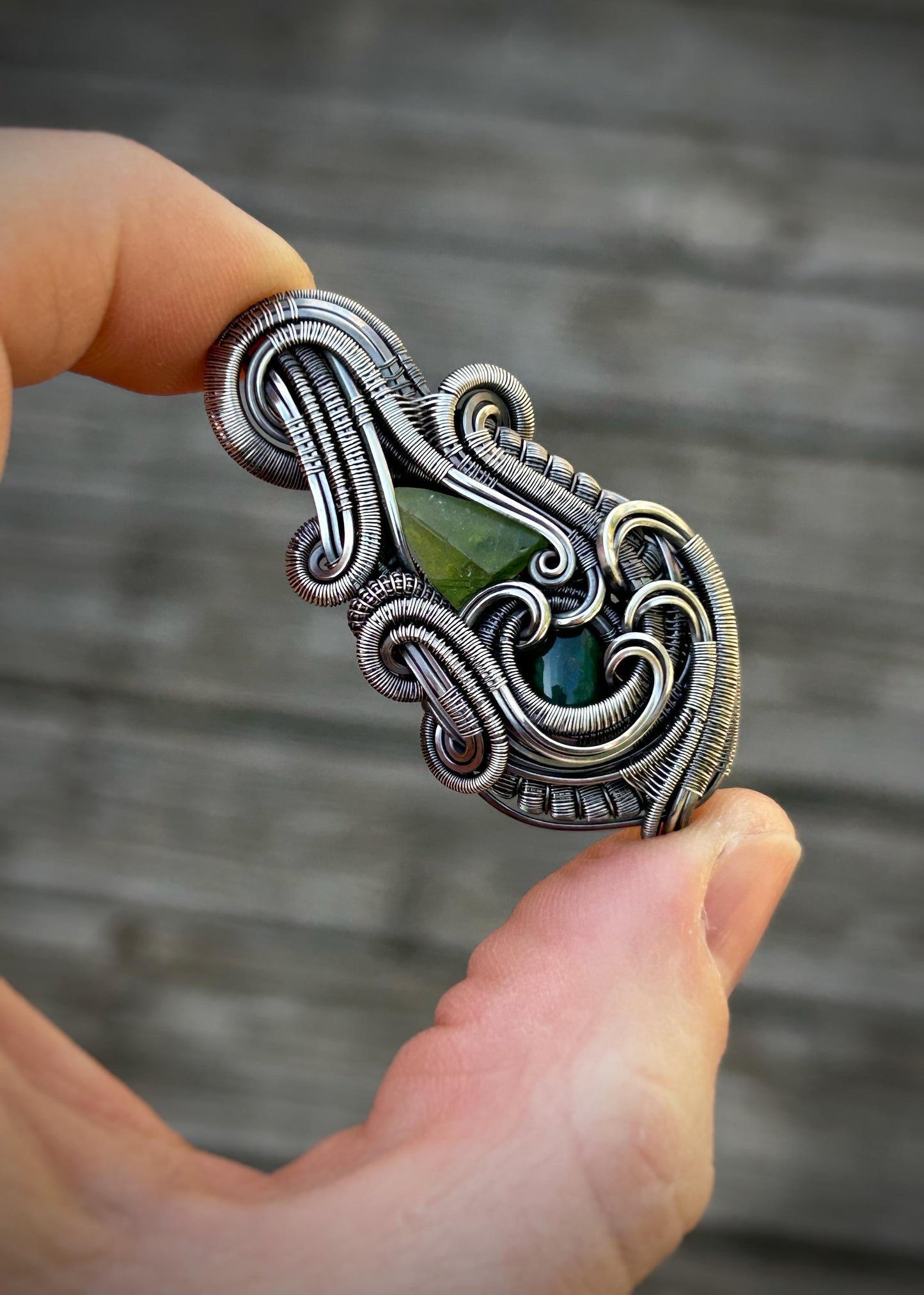 Green Opal Jammer // Peridot Crystal // Organic Wire Flow // Wire Wrap // Oxidized Silver // Pendant // Festival Jewelry // Handmade Art