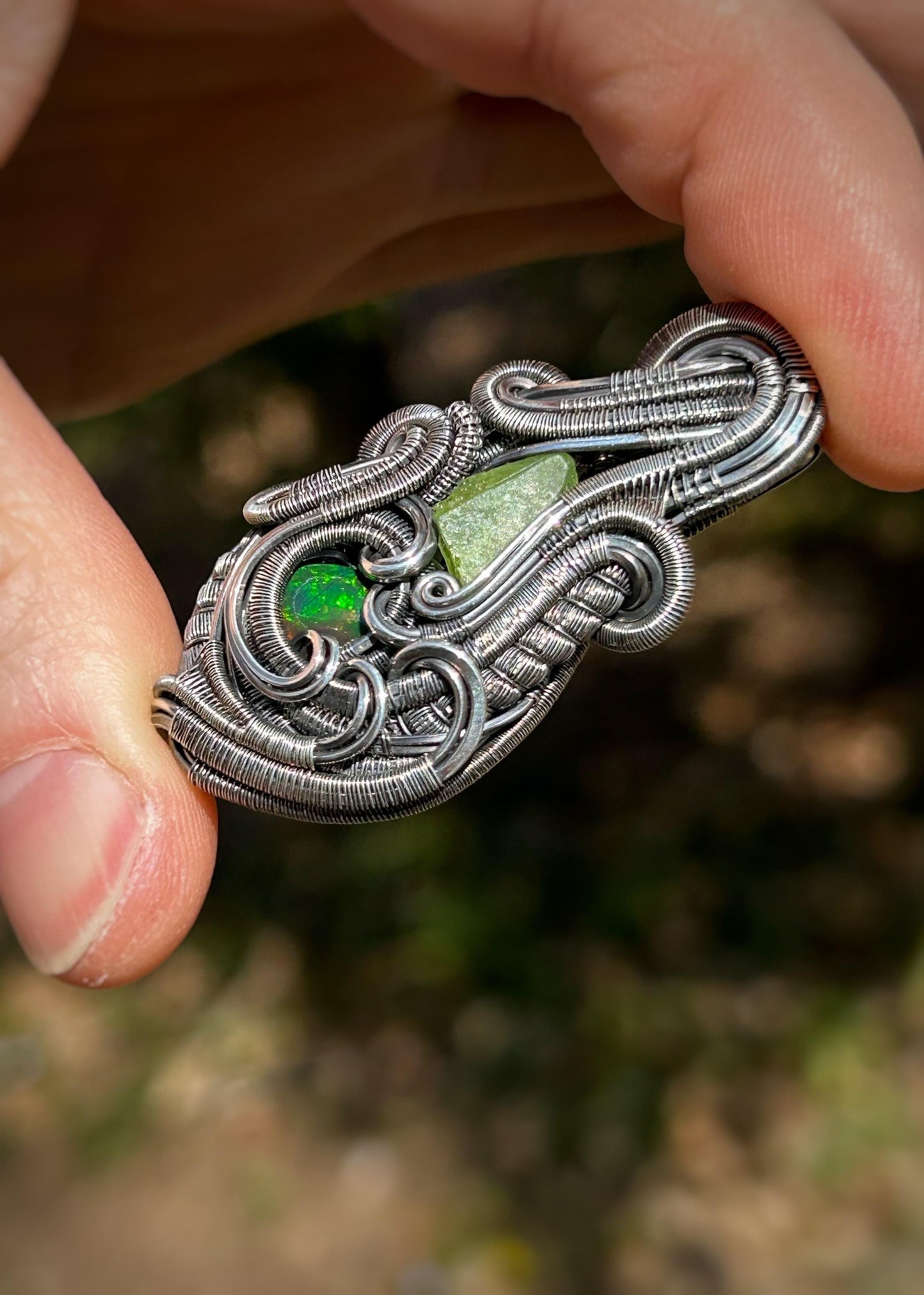 Green Opal Jammer // Peridot Crystal // Organic Wire Flow // Wire Wrap // Oxidized Silver // Pendant // Festival Jewelry // Handmade Art