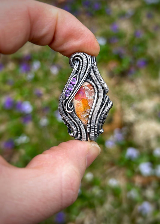 Purple Pendant // Amethyst // Mexican Fire Opal // Oxidized Silver // Wire Wrap // Festival Jewelry // Handmade Wire Art // Wire Flow