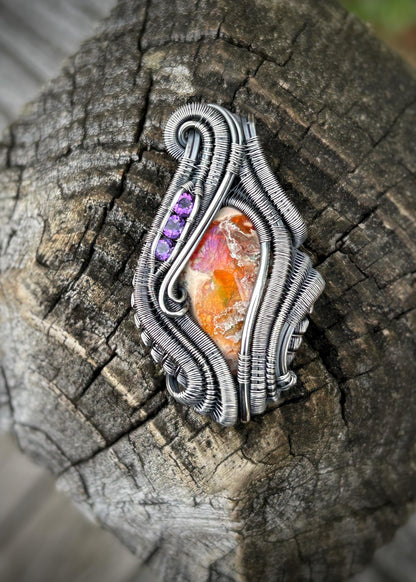 Purple Pendant // Amethyst // Mexican Fire Opal // Oxidized Silver // Wire Wrap // Festival Jewelry // Handmade Wire Art // Wire Flow