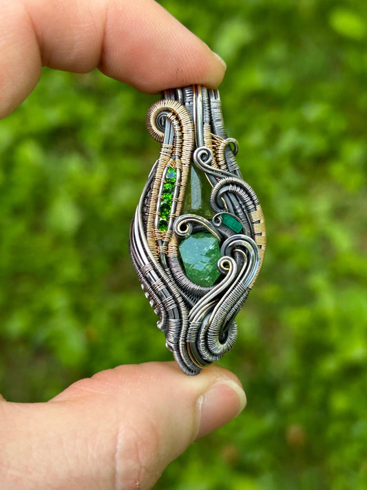 All-Greenie // Tsavorite Garnet // Emerald // Peridot // Festival Jewelry // Wire Wrapped Pendant // Sexy Necklace // Mixed Metals