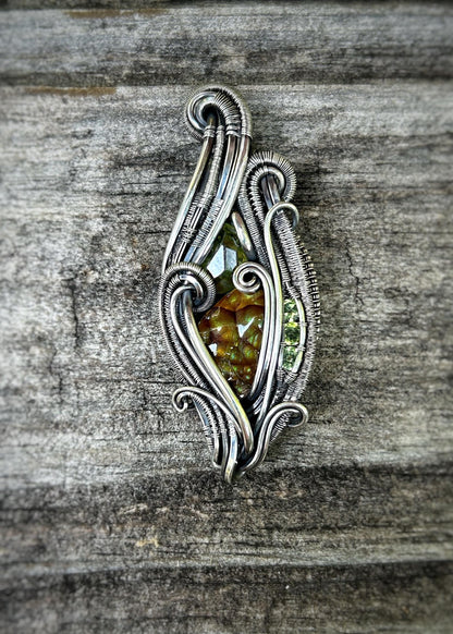All Green Deer Creek Fire Agate Pendant // Demantoid Garnet // Peridot // Festival Jewelry // Oxidized Silver // Handmade Wire Art // Love