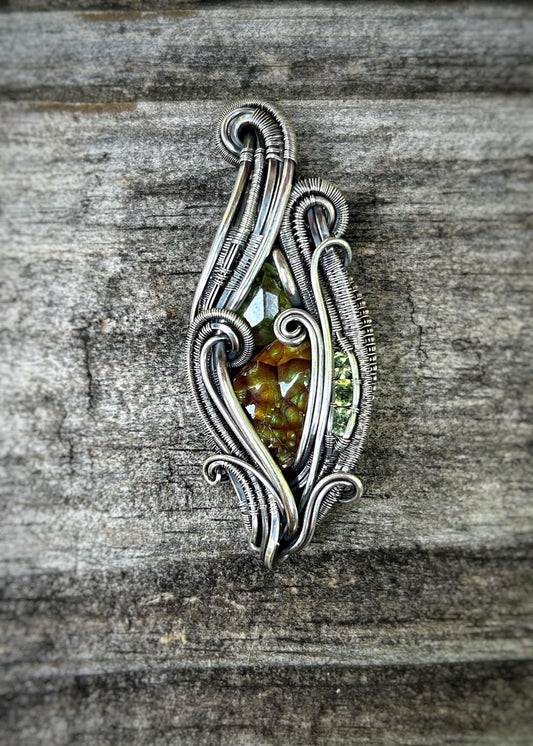 All Green Deer Creek Fire Agate Pendant // Demantoid Garnet // Peridot // Festival Jewelry // Oxidized Silver // Handmade Wire Art // Love