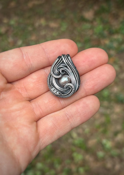 Pearl Pendant // Pearl Necklace // Freshwater Pearls // Wire Wrapped Pendant // Handmade // Festival Jewelry // Oxidized Sterling Silver