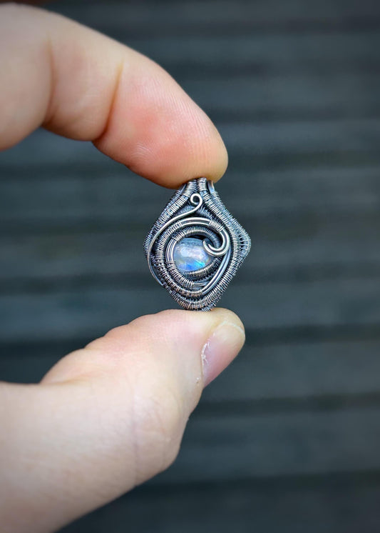 Rainbow Moonstone Mini // Wire Wrapped Pendant // Oxidized/Polished Sterling Silver // Festival Jewelry // Handmade // Wire Art