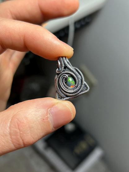 Triangular Opal Mini // Wire Wrapped Pendant // Ethiopian Welo Opal // Festival Jewelry // Oxidized Sterling Silver // Petite // Handmade
