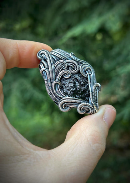 Moldavite Pendant // Chlum Moldavite // Wire Wrapped Pendant // Organic Wire Flow // Festival Jewelry // Oxidized Sterling Silver / Handmade