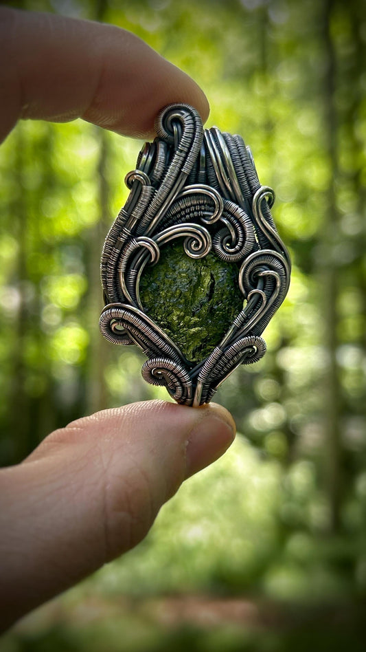 Moldavite Pendant // Chlum Moldavite // Wire Wrapped Pendant // Organic Wire Flow // Festival Jewelry // Oxidized Sterling Silver / Handmade
