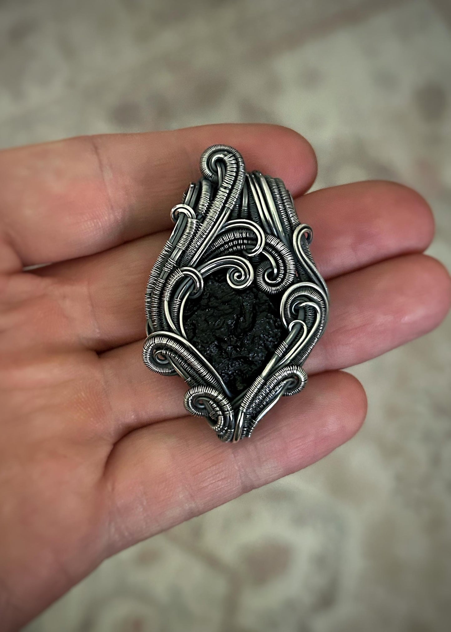 Moldavite Pendant // Chlum Moldavite // Wire Wrapped Pendant // Organic Wire Flow // Festival Jewelry // Oxidized Sterling Silver / Handmade