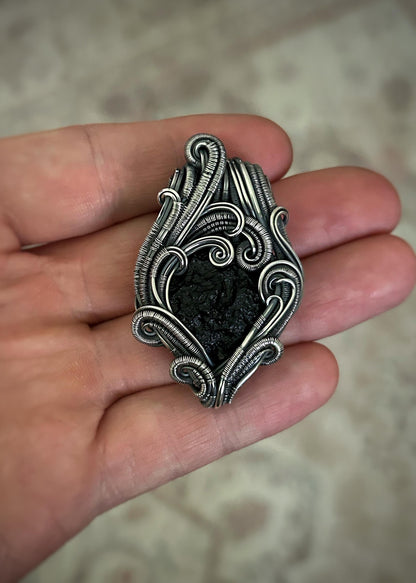 Moldavite Pendant // Chlum Moldavite // Wire Wrapped Pendant // Organic Wire Flow // Festival Jewelry // Oxidized Sterling Silver / Handmade