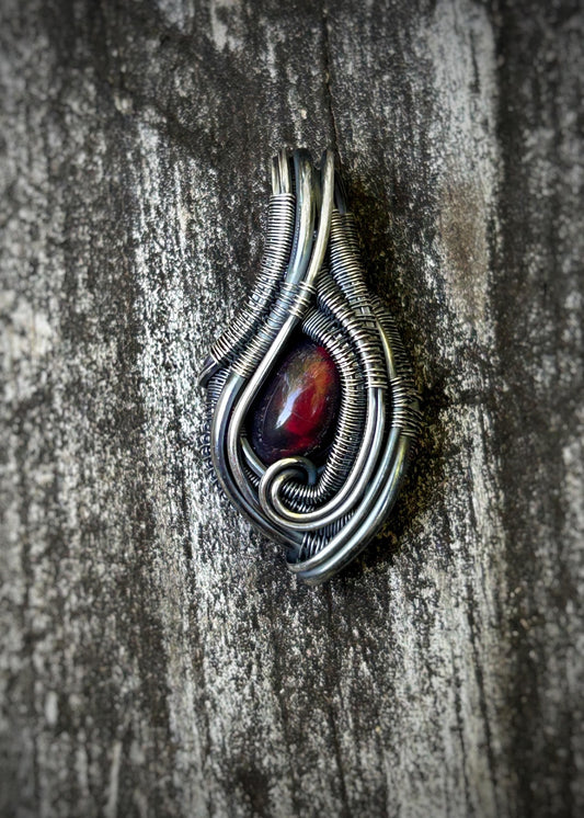 Red Opal Mini Pendant // Wire Wrap // Sterling Silver // Oxidized // Festival Jewelry // Handmade Wire Art // Elegant // One of a kind