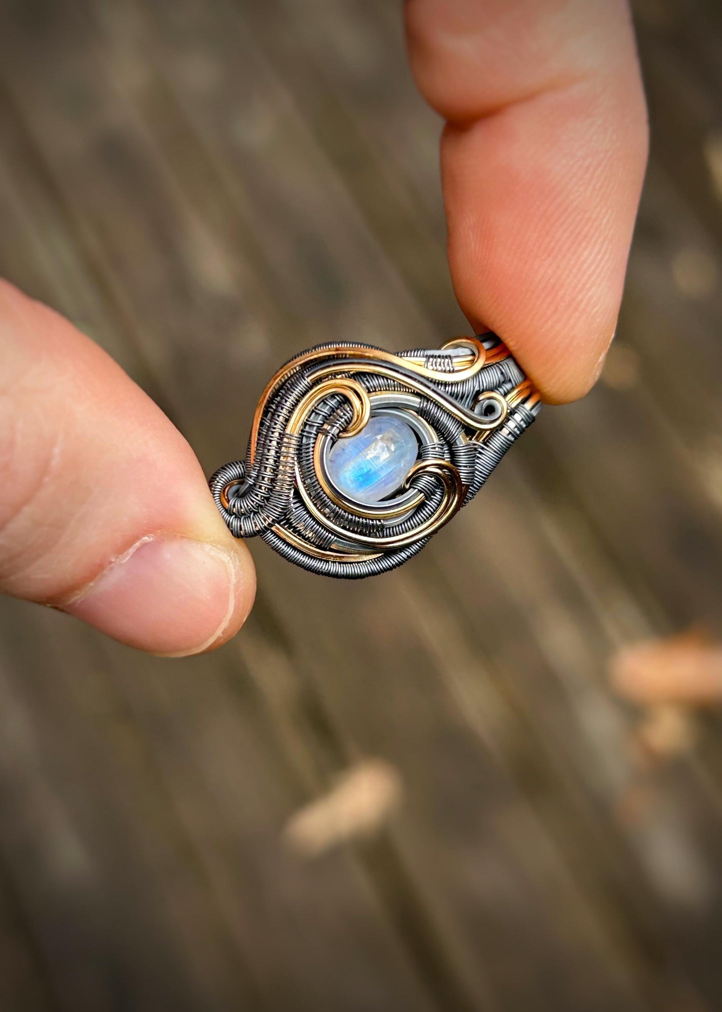 Mini Moonstone Pendant // Wire Wrap // Mixed Metals // Oxidized Silver // Festival Jewelry // Rainbow Moonstone // Handmade Jewelry