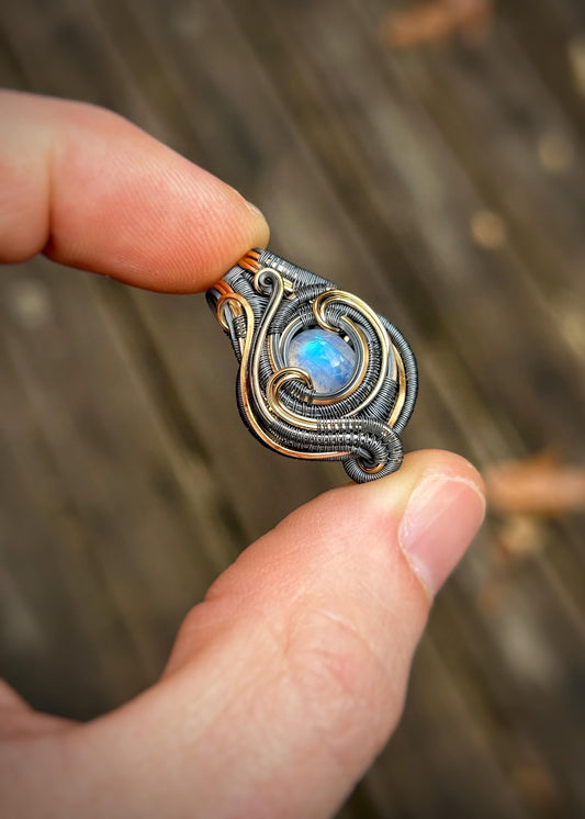 Mini Moonstone Pendant // Wire Wrap // Mixed Metals // Oxidized Silver // Festival Jewelry // Rainbow Moonstone // Handmade Jewelry