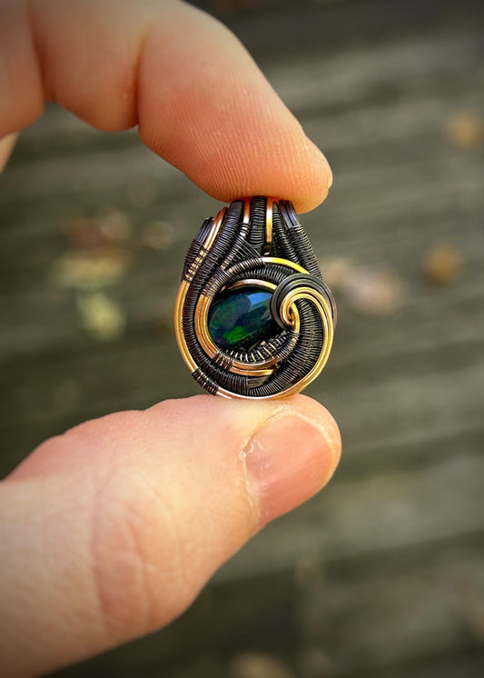 Mini Blue-Green Opal Pendant // Wire Wrapped // Oxidized Silver // Mixed Metals // Festival Jewelry // Handmade Wire Art // One of a Kind