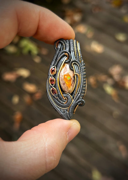 Autumnal Fire Opal Pendant // Multicolor Sapphires // Oxidized Silver // Mixed Metals // Goldfill // Festival Jewelry // Wrapped Pendant
