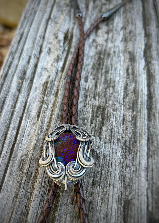 Aussie Opal Bolo Tie // Boulder Opal // Purple/Teal Flash // Dark Brown Leather Cord // Oxidized Sterling Silver // One of a Kind / Handmade