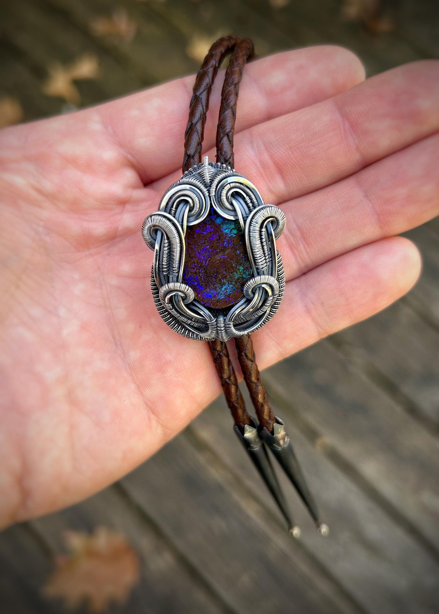 Aussie Opal Bolo Tie // Boulder Opal // Purple/Teal Flash // Dark Brown Leather Cord // Oxidized Sterling Silver // One of a Kind / Handmade