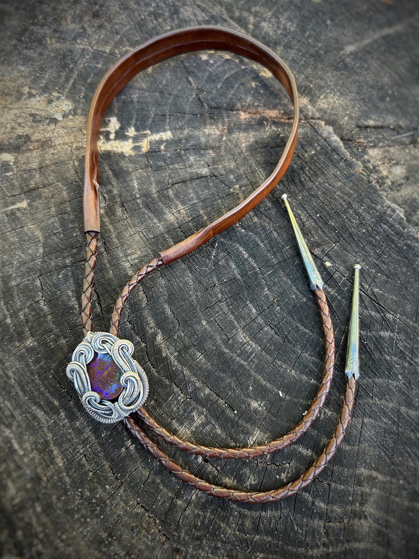 Aussie Opal Bolo Tie // Boulder Opal // Purple/Teal Flash // Dark Brown Leather Cord // Oxidized Sterling Silver // One of a Kind / Handmade